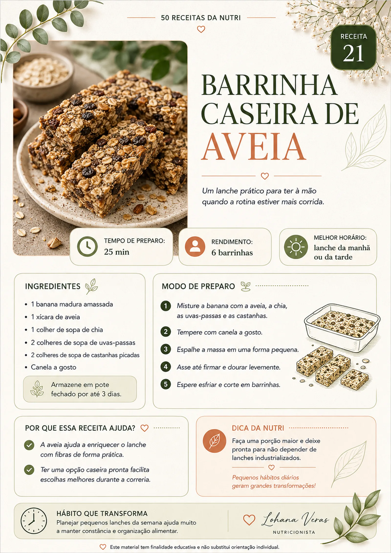 Receita completa da barrinha caseira de aveia, como aparece no material
